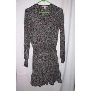 Michael Kors Black Floral Print Long Sleeve Dress XS Mini Ruffle‎ Hem